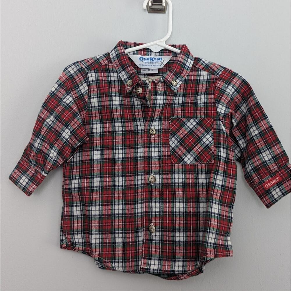NEW Osh Kosh Flannel Plaid Button Down Made in USA 12 Month Deadstock Red Green